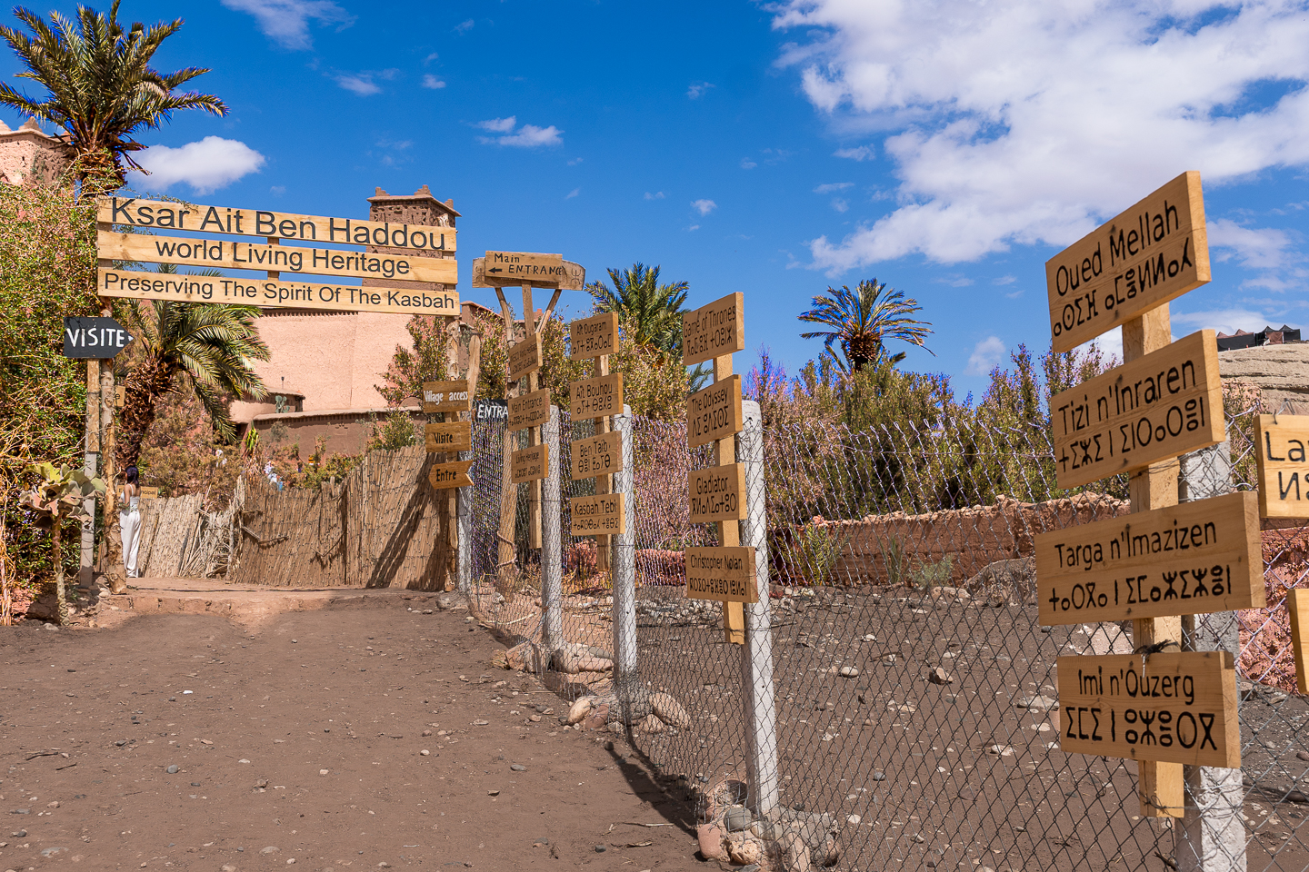Wooden entrance and direction signs at Ait Ben Haddou, Morocco, surrounded by earthen buildings and palm trees.