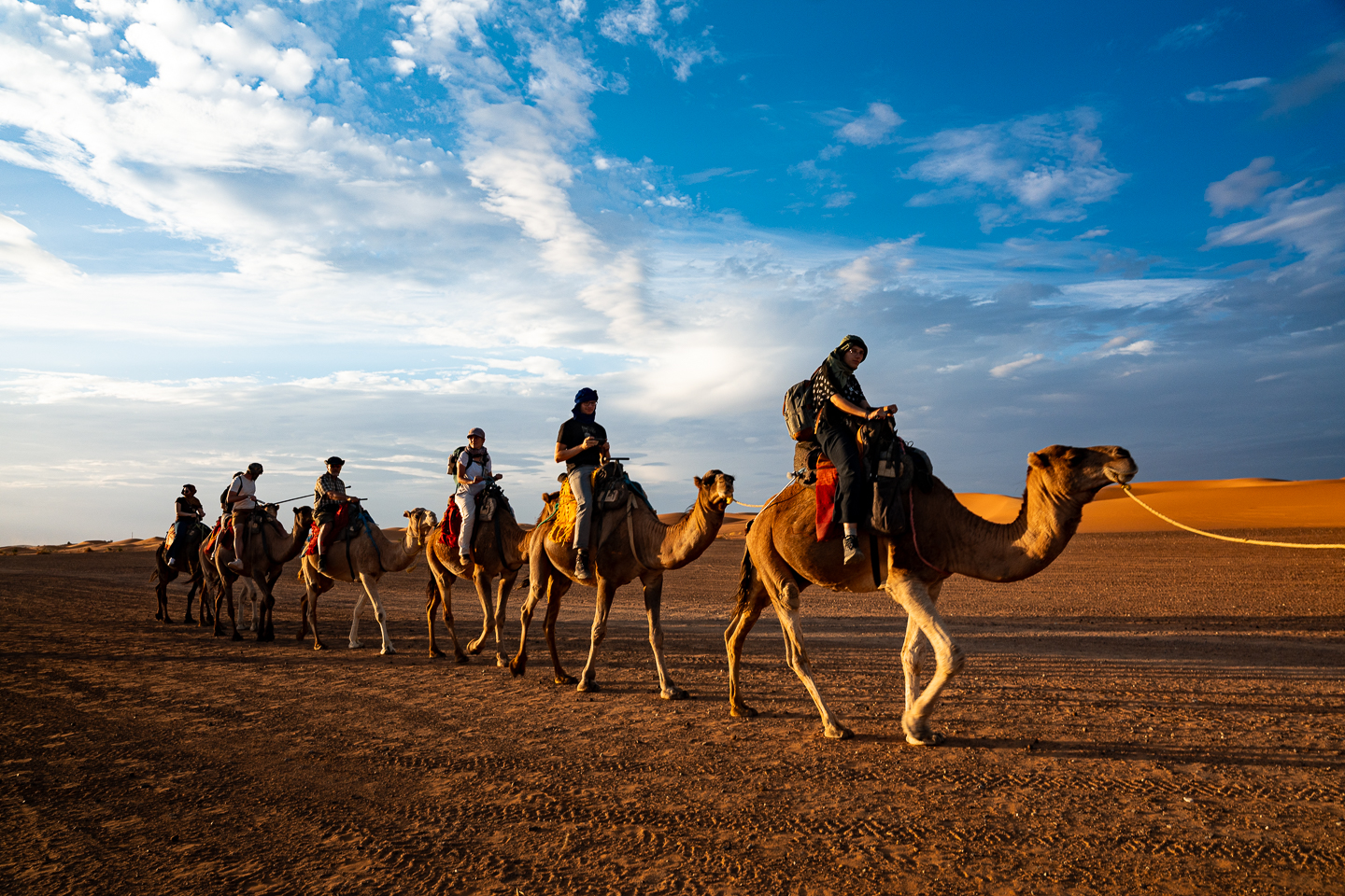 a group of tourists enjoying the desert sunset on the camel ride experience